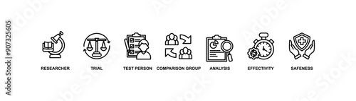 Clinical study banner web icon vector illustration concept for clinical trial research with an icon of researcher, trial, test person, comparison group, analysis, effectivity, and safeness