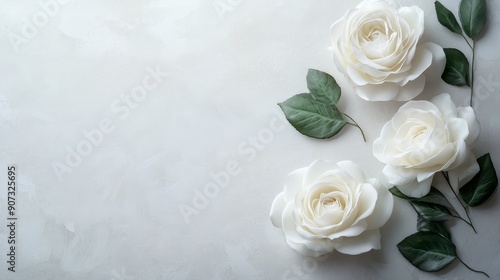Fototapeta Naklejka Na Ścianę i Meble -  Elegant white roses with green leaves on plain background