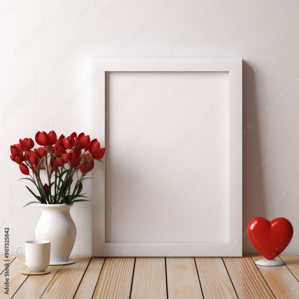 White frame mockup with red tulips, heart and cup on wooden floor. White frame mockup with red tulips, heart and cup on wooden floor.