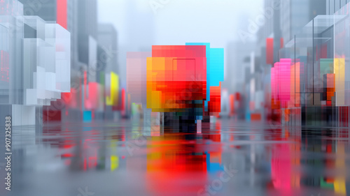 Abstract urban scene with colorful pixelated shapes reflecting on a wet surface, creating a vibrant and modern atmosphere.