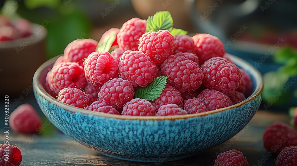 A blue bowl full of fresh, red raspberries with leaves.
A blue bowl full of fresh, red raspberries with leaves.