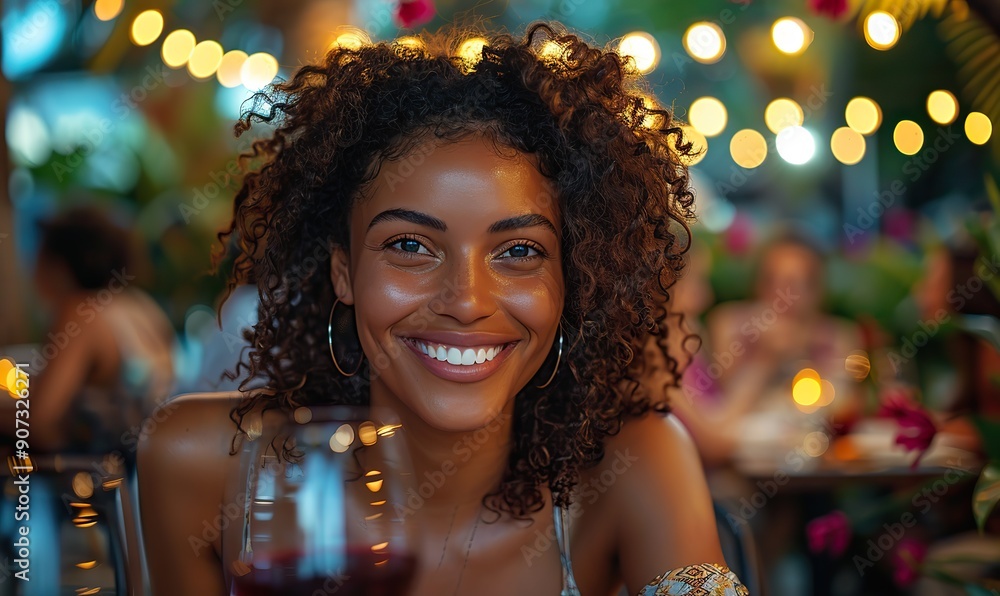 Happy friends enjoy red wine at a restaurant table, with a diverse group of young people at a rooftop dinner party, including a smiling black girl holding a wineglass. Happy friends enjoy red wine at a restaurant table, with a diverse group of young people at a rooftop dinner party, including a smiling black girl holding a wineglass.