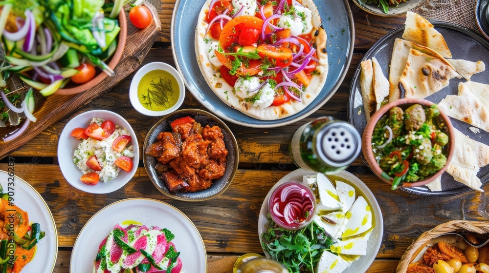 An assortment of vibrant Mediterranean dishes, including olives, tomatoes, and salads, served on a rustic outdoor table, creating a fresh and inviting meal..