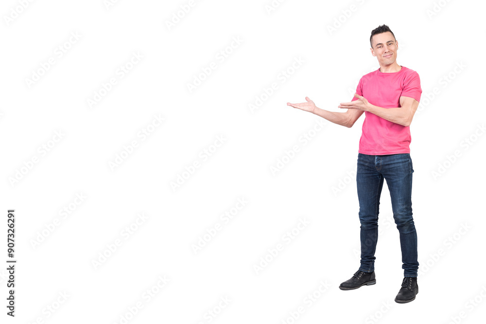 Positive young man pointing aside. White background Positive young man pointing aside. White background