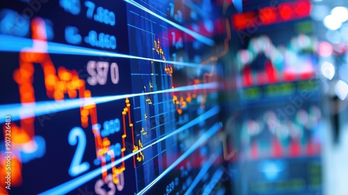 Close-up of stock market charts and data visualization on digital screens, illustrating market trends, financial analysis, and trading activity..