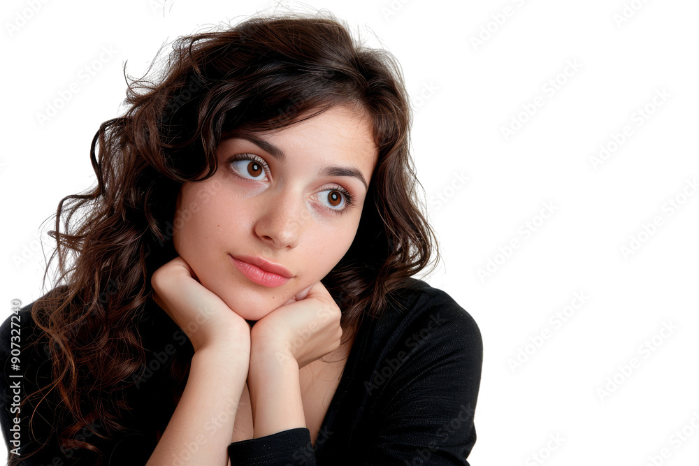 Pensive woman with curly hair, lost in thought, isolated on white background Pensive woman with curly hair, lost in thought, isolated on white background