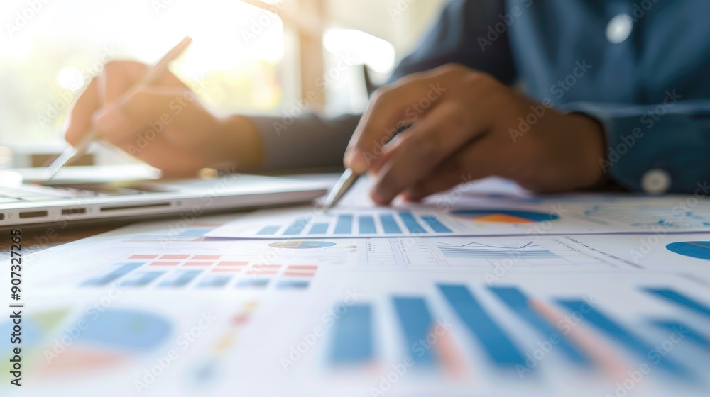Close-up of a person analyzing financial charts and graphs with a pen and a laptop, highlighting data analysis, financial planning, and business strategy.. Close-up of a person analyzing financial charts and graphs with a pen and a laptop, highlighting data analysis, financial planning, and business strategy..