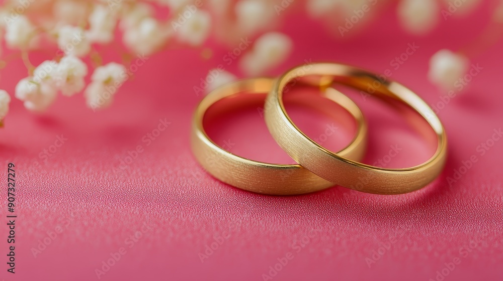Two elegant golden wedding rings on a pink surface. Two elegant golden wedding rings on a pink surface.