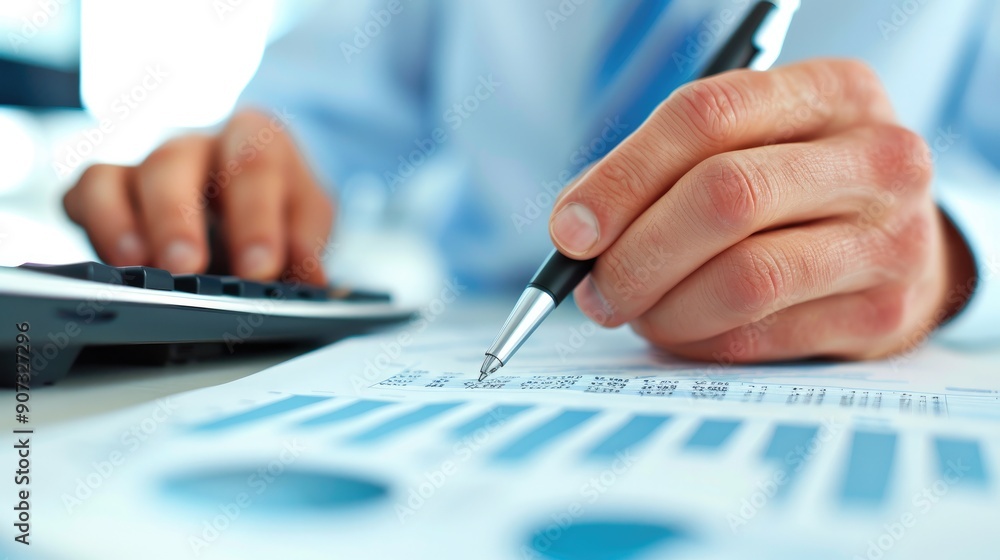 Close-up of a person analyzing financial charts and graphs with a pen and a laptop, highlighting data analysis, financial planning, and business strategy.. Close-up of a person analyzing financial charts and graphs with a pen and a laptop, highlighting data analysis, financial planning, and business strategy..