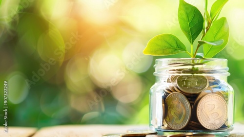 Three small plants growing in jars filled with coins, symbolizing investment, financial growth, and sustainability, set against a blurred green background.. photo