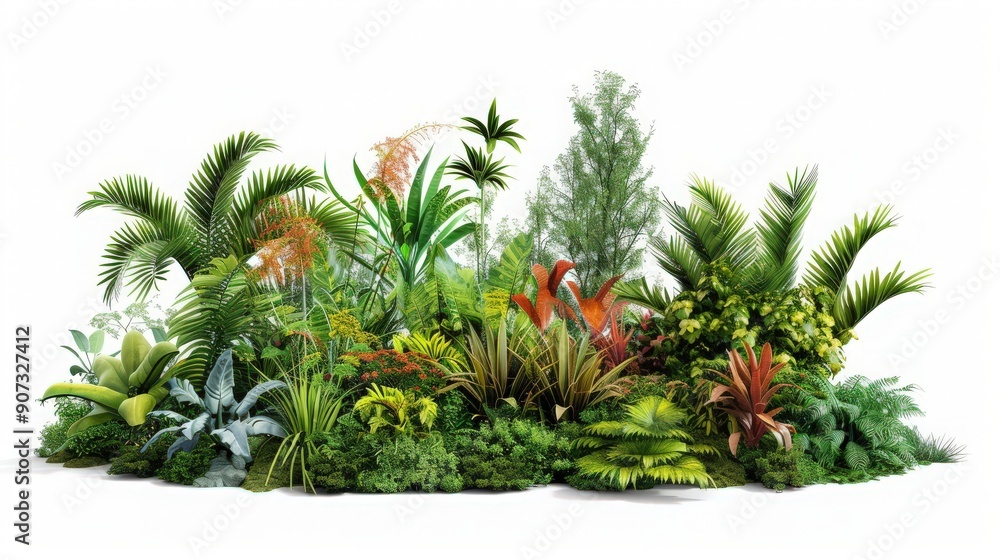 Fototapeta premium Lush green tropical plants arranged beautifully on a clean white background, perfect for nature-themed projects.