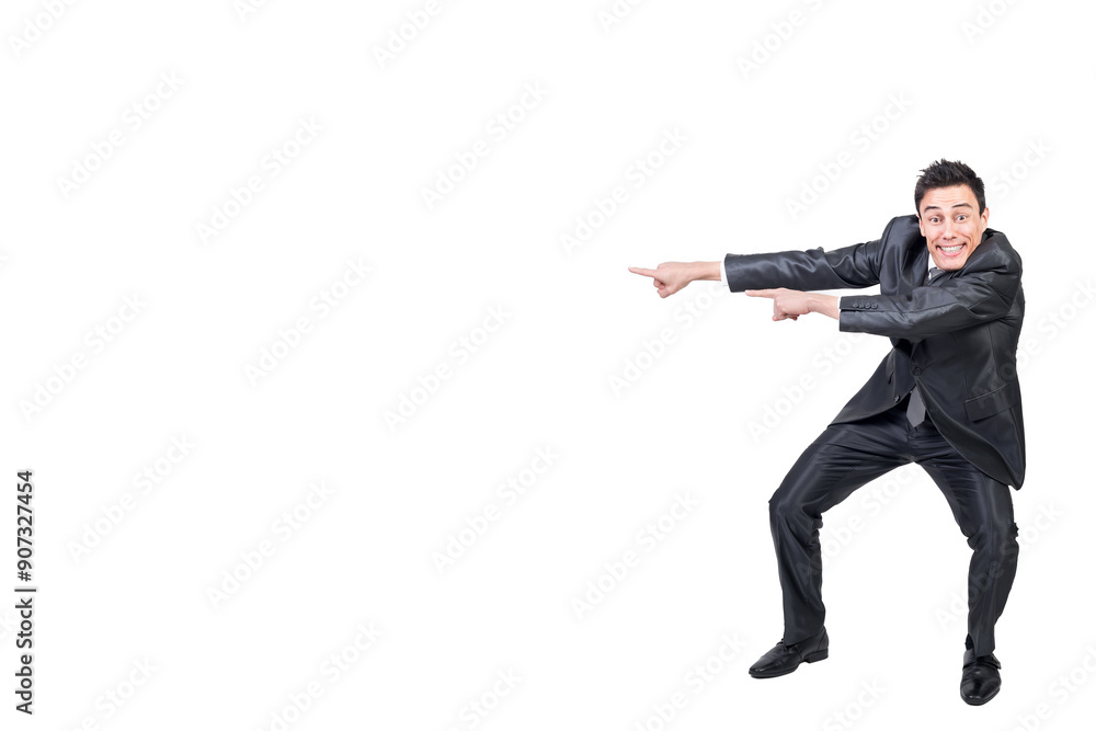 Obraz premium Positive man pointing aside in studio. White background.