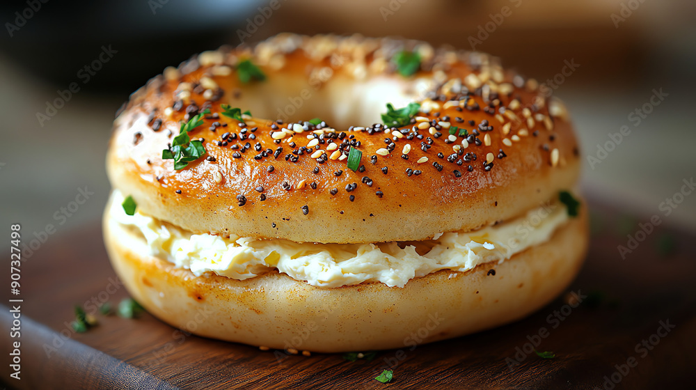 A sesame seed bagel with cream cheese and fresh herbs. A sesame seed bagel with cream cheese and fresh herbs.