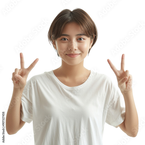 A young woman is smiling and holding up her hands in a peace sign. Concept of happiness and positivity