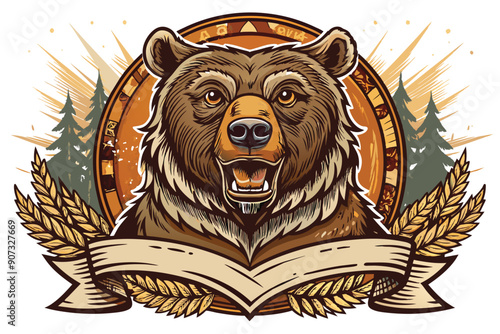 Brown Bear Head with Wheat and Banner Design