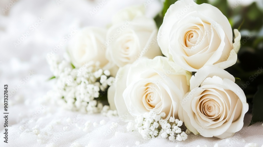 Fototapeta premium Elegant white roses arranged on delicate white fabric