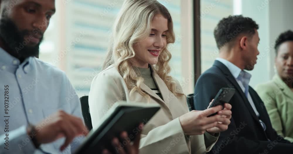 Technology, people and waiting room in row for job interview at office with research, internet and conversation. Candidate, hiring process and smile for recruitment, career opportunity and prepare Technology, people and waiting room in row for job interview at office with research, internet and conversation. Candidate, hiring process and smile for recruitment, career opportunity and prepare