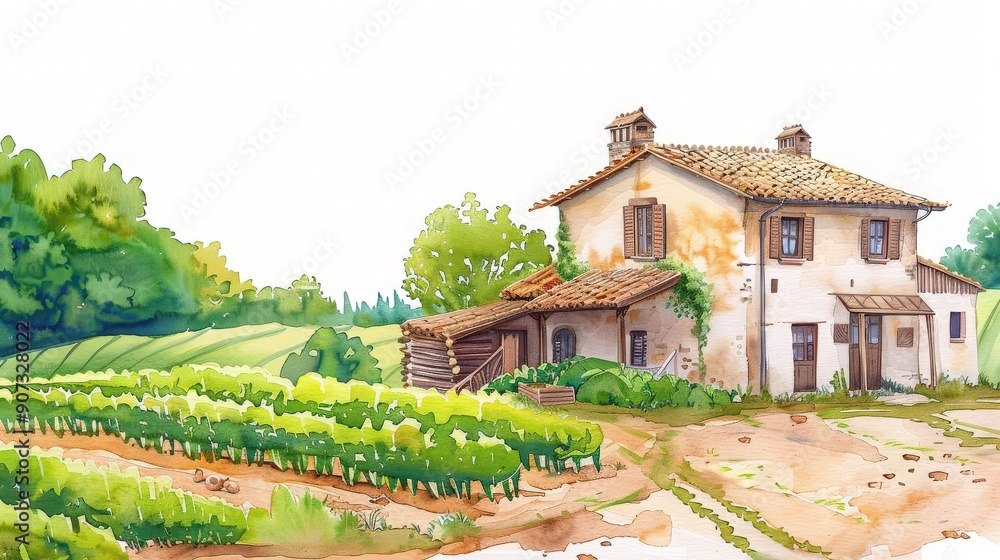 Charming countryside house surrounded by lush vineyards, capturing the essence of rustic beauty and serene landscape. Charming countryside house surrounded by lush vineyards, capturing the essence of rustic beauty and serene landscape.