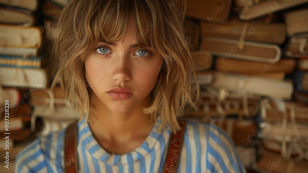 Girl with short blonde hair and freckles wearing a overalls, standing in front of a stack of old books, indoors. Concept of reading and knowledge. Girl with short blonde hair and freckles wearing a overalls, standing in front of a stack of old books, indoors. Concept of reading and knowledge.