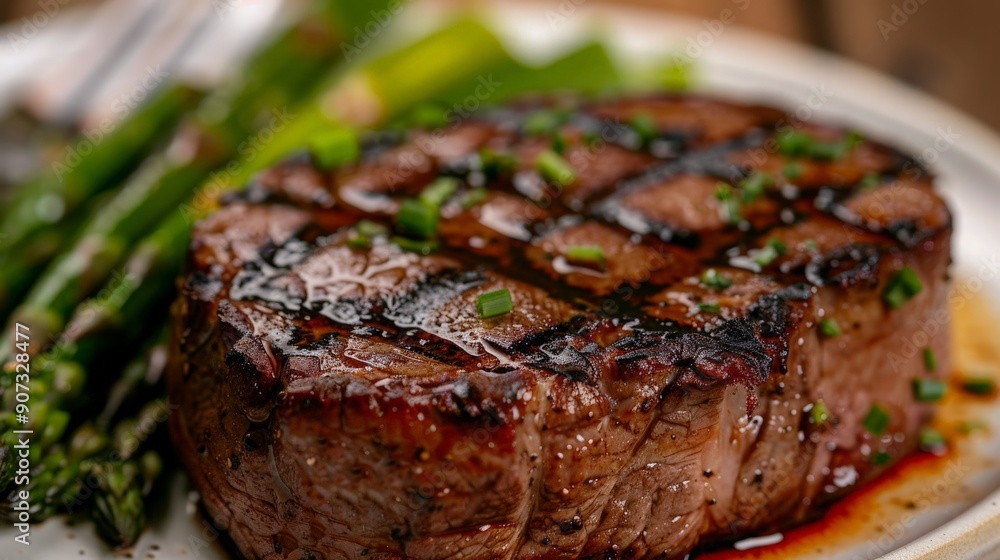 A close-up shot of a steak with grill marks, served with a side of asparagus A close-up shot of a steak with grill marks, served with a side of asparagus