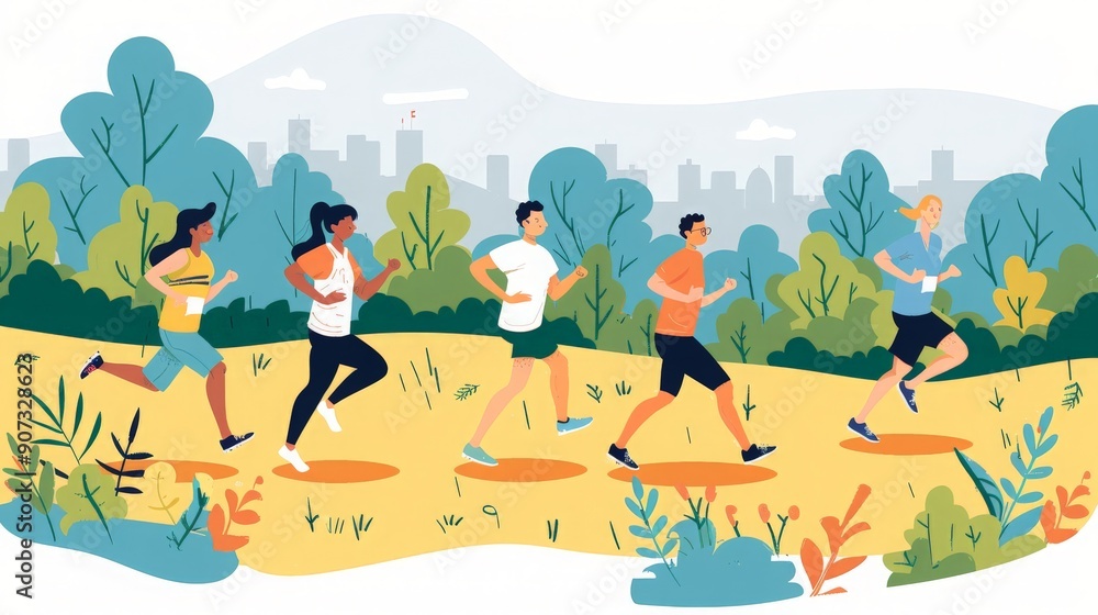 Fototapeta premium A colorful illustration of a group of friends jogging in a park, fitness and camaraderie