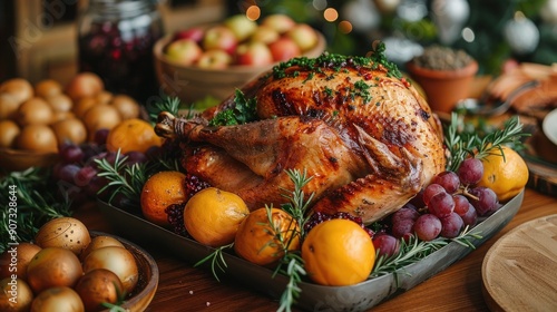 Delicious Roasted Turkey Served at Traditional Festive Dinner photo