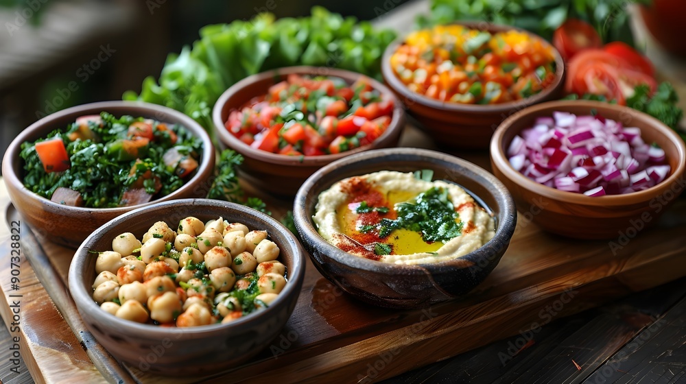 A wooden table with a variety of bowls filled with different types of food A wooden table with a variety of bowls filled with different types of food
