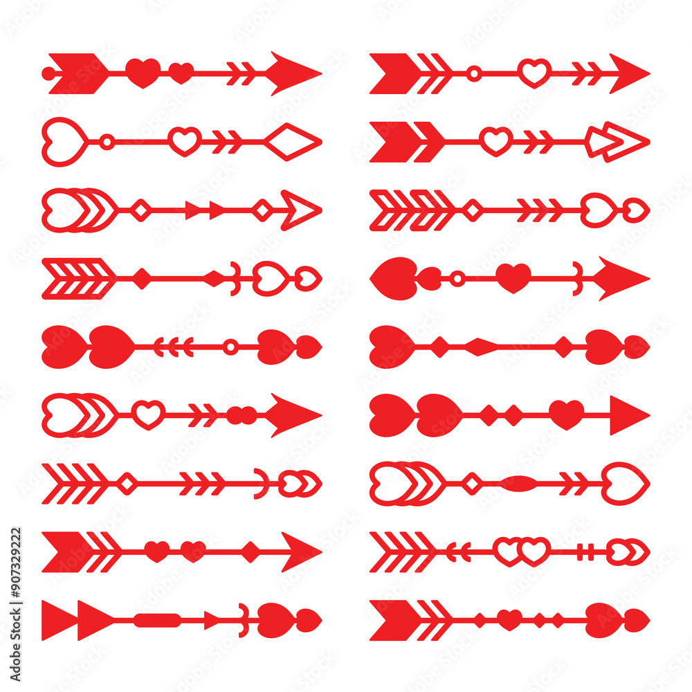 Set of arrow with heart vector Set of arrow with heart vector