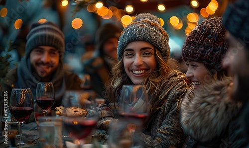Happy friends are wearing winter clothes and celebrating with red wine glasses at a patio restaurant table, as young people socialize, drink, and enjoy food outdoors.