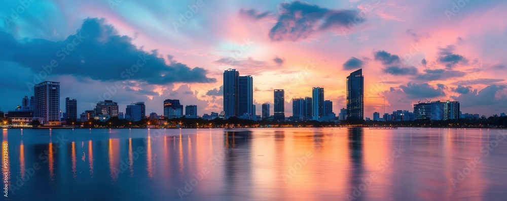 Obraz premium A breathtaking panoramic view of a vibrant city skyline at dusk