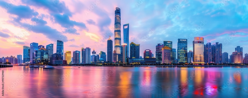 Fototapeta premium A breathtaking panoramic view of a vibrant city skyline at dusk