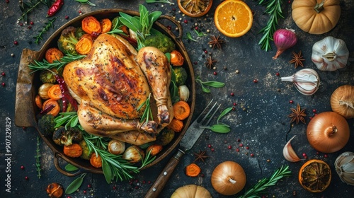 Roasted Whole Chicken or Turkey with Autumn Vegetables on Wooden Background - Happy Thanksgiving Holiday Dinner