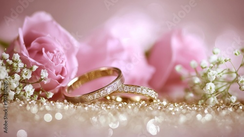 Elegant rings beside pink roses and white flowers bouquet.