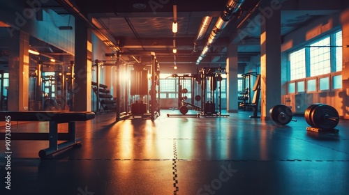 A gym interior with motivational posters and upbeat music playing to inspire workout sessions. photo