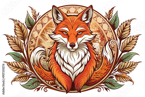 A Detailed Illustration of an Orange Fox in a Circular Floral Frame photo