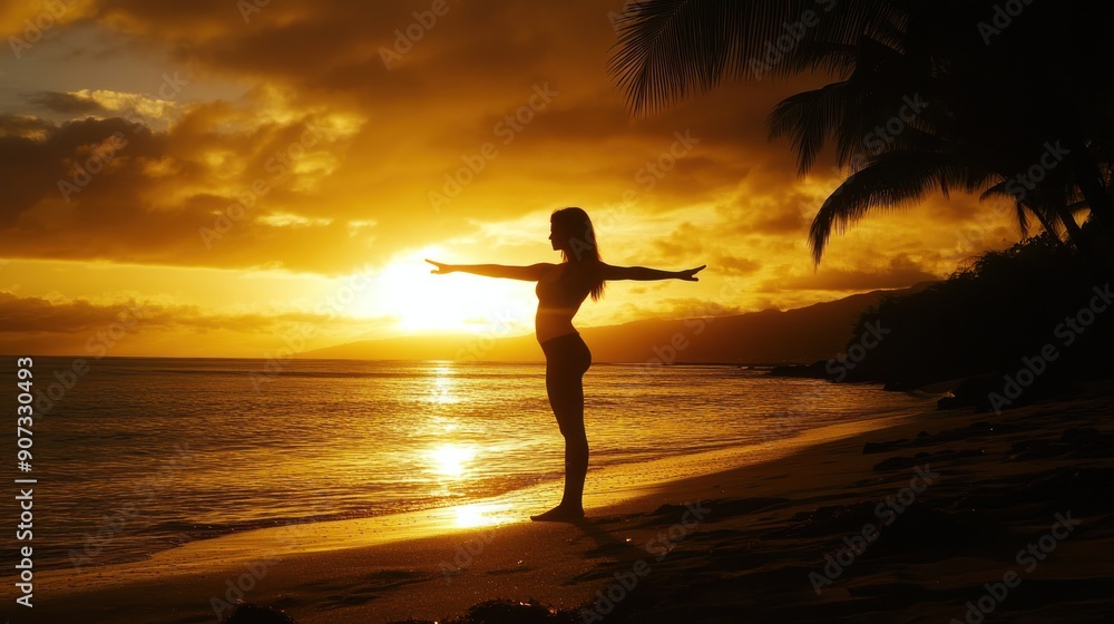 Silhouette of a Woman at Sunset on a Beach Silhouette of a Woman at Sunset on a Beach