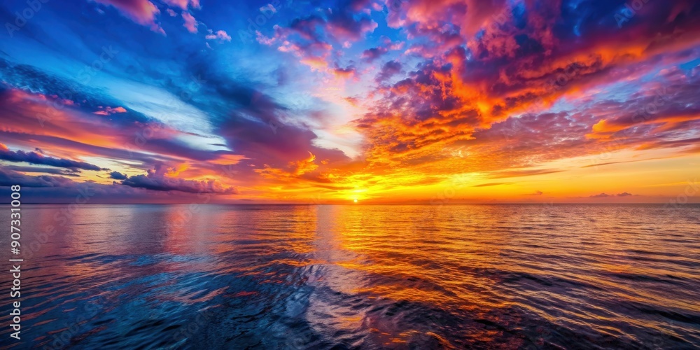 Vibrant and colorful sunset over the calm sea waters, sunset, sea, ocean, horizon, sky, clouds, reflections, calm, peaceful