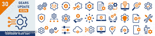 Gears setting icon set. Set of 30 outline icons related to gear, setting, control, update, tool, system. Linear icon collection. Setting outline icons collection. Editable stroke. Vector illustration.