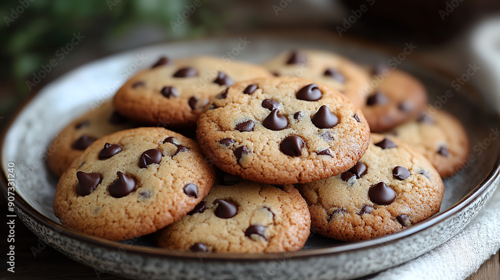 Chocolate chip cookies on a plate. Many cookies. Chocolate chip cookies on a plate. Many cookies.