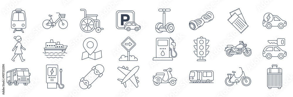 transportation mobility icons set, Included icons as Airplane, Bus, Scooter, Parking sign and more symbols collection, logo isolated vector illustration transportation mobility icons set, Included icons as Airplane, Bus, Scooter, Parking sign and more symbols collection, logo isolated vector illustration