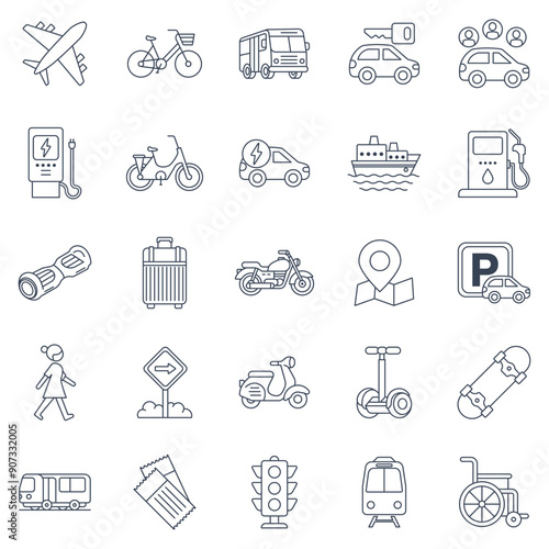 transportation mobility icons set, Included icons as Airplane, Bus, Scooter, Parking sign and more symbols collection, logo isolated vector illustration
