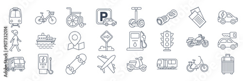 transportation mobility icons set, Included icons as Airplane, Bus, Scooter, Parking sign and more symbols collection, logo isolated vector illustration