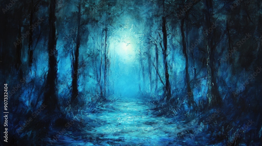Mystical forest with vibrant blue light and trees. Mystical forest with vibrant blue light and trees.