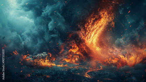 Stunning eruptive landscape featuring fiery lava and volcanic ash at dusk