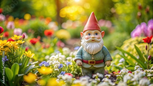 Garden gnome standing among flowers in a lush garden, gnome, garden, flowers, foliage, statue, decoration, outdoor, whimsical