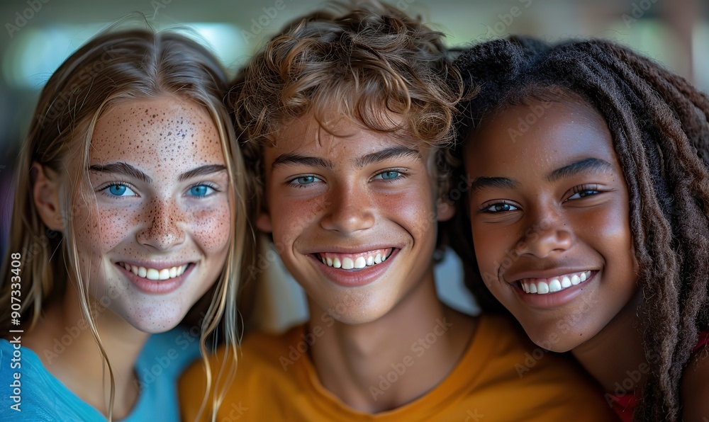 Happy friends are exploring the city and smiling at the camera, capturing a portrait of multiracial teenagers as they head to school. Happy friends are exploring the city and smiling at the camera, capturing a portrait of multiracial teenagers as they head to school.