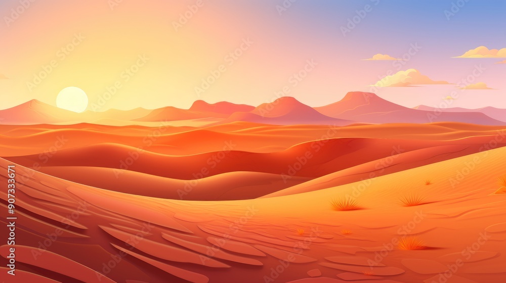 Desert landscape with dramatic sand dunes and a vivid sunset Desert landscape with dramatic sand dunes and a vivid sunset