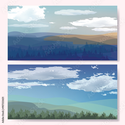 Set of sky with clouds illustration background. Cloudy vector  view landscape horison nature wallpaper, web, banner design. photo