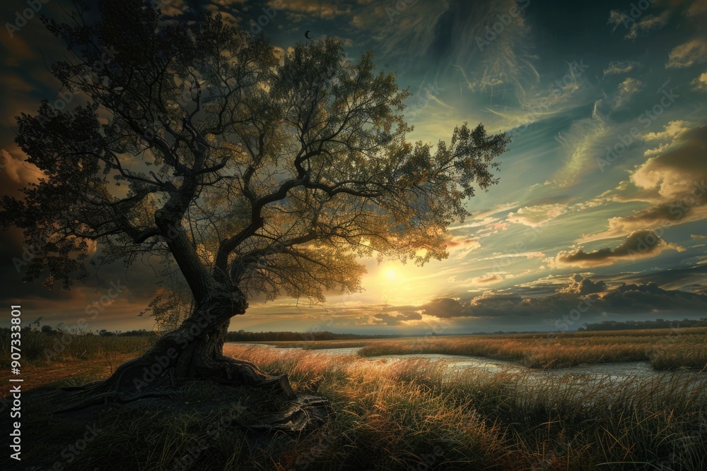 A solitary tree stands in a green field with a beautiful sunset in the background A solitary tree stands in a green field with a beautiful sunset in the background