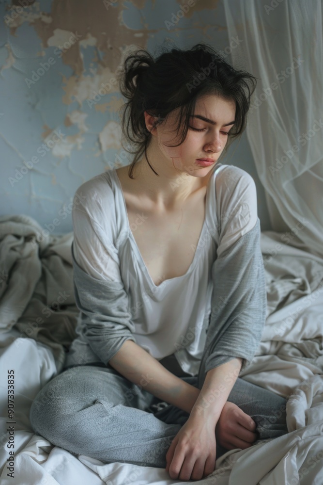 A person meditates or sleeps on a bed, eyes closed A person meditates or sleeps on a bed, eyes closed